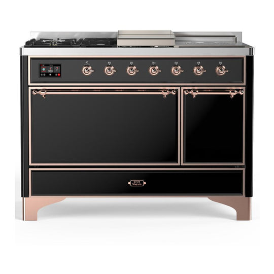 Ilve UM48FSQNR3BKP Ilve Um48Fsqnr3Bkp Majestic Iii 48 Inch Dual Fuel Range With 5 Black Brass Burners, Griddle And French Top, Dual Function Burner Up To 25,000 Btu (Natural Gas, Solid Door, Glossy Black, Copper)