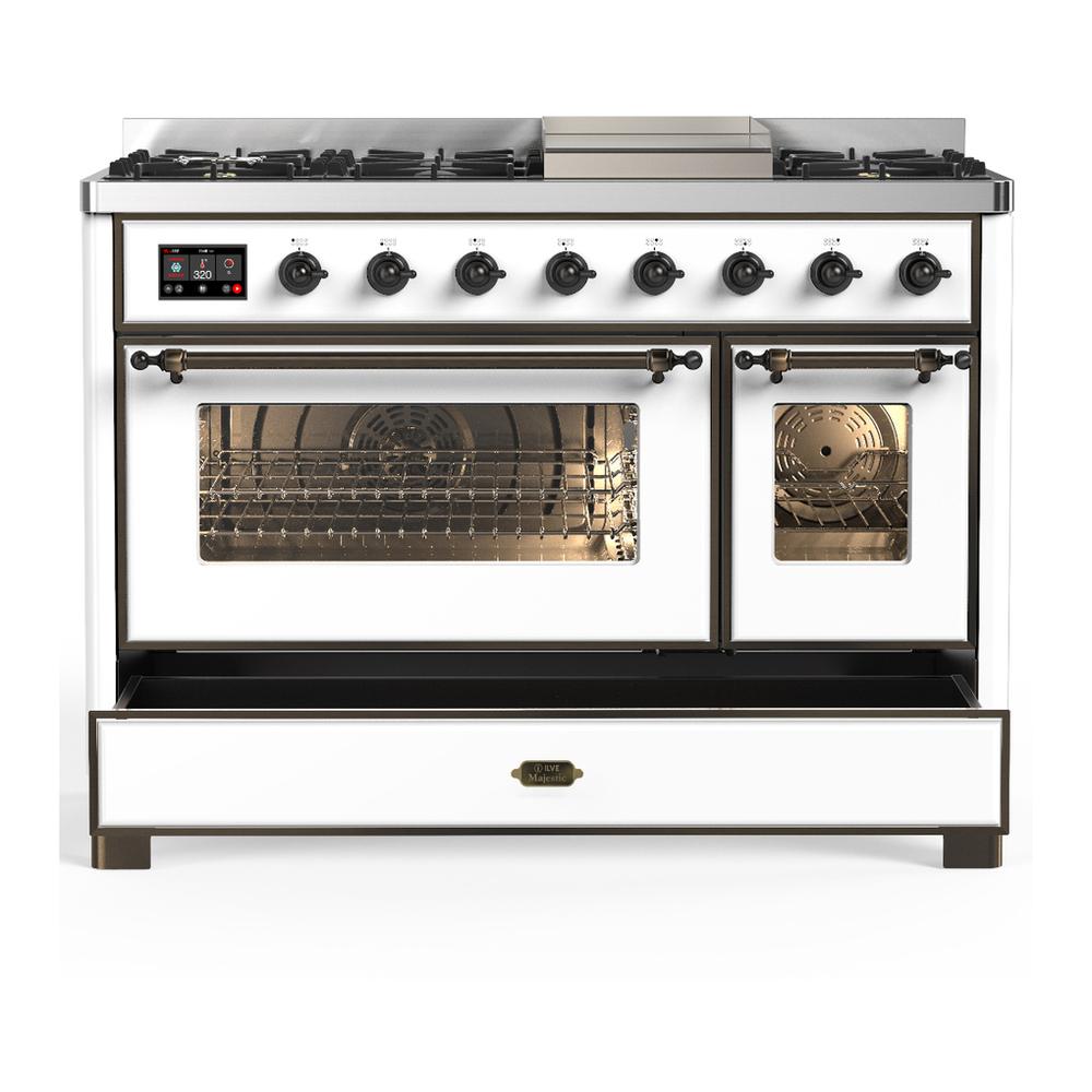 Ilve UM48FNR3WHB Ilve Um48Fnr3Whb Majestic Iii 48 Inch Dual Fuel Range With 8 Burners And Griddle, Dual Function Burner Up To 25,000 Btu (Natural Gas, Triple Glass Door, White, Burnished)