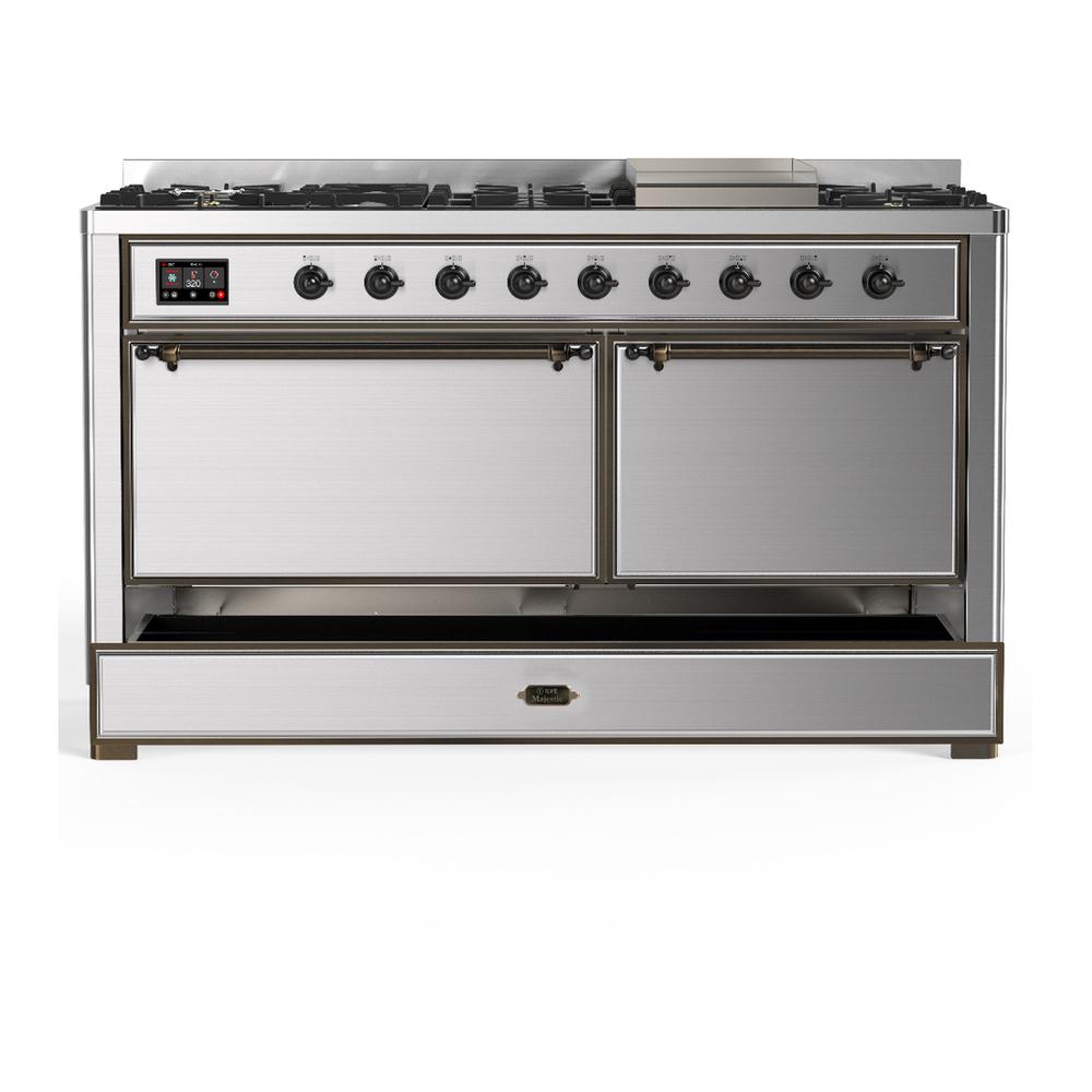 Ilve UM60FQNR3SSBLP Ilve Um60Fqnr3Ssblp Majestic Iii 60 Inch Dual Fuel Range With 9 Burners And Griddle, Dual Function Burner Up To 25,000 Btu (Liquid Propane, Solid Door, Stainless Steel, Burnished)
