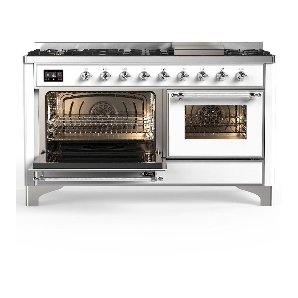 Ilve UM60FNR3WHCLP Ilve Um60Fnr3Whclp Majestic Iii 60 Inch Dual Fuel Range With 9 Burners And Griddle, Dual Function Burner Up To 25,000 Btu (Liquid Propane, Triple Glass Door, White, Chrome)