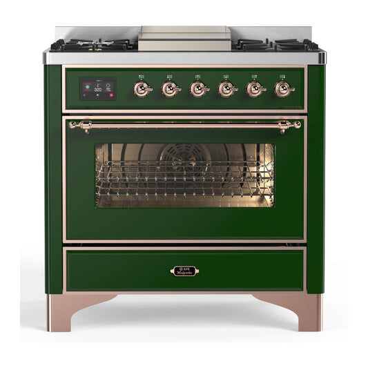 Ilve UM36FNR3EGPLP Ilve Um36Fnr3Egplp Majestic Iii 36 Inch Dual Fuel Range With 6 Black Brass Burners And Griddle, Dual Function Burner Up To 25,000 Btu (Triple Glass Door, Emerald Green, Copper, Liquid Propane)