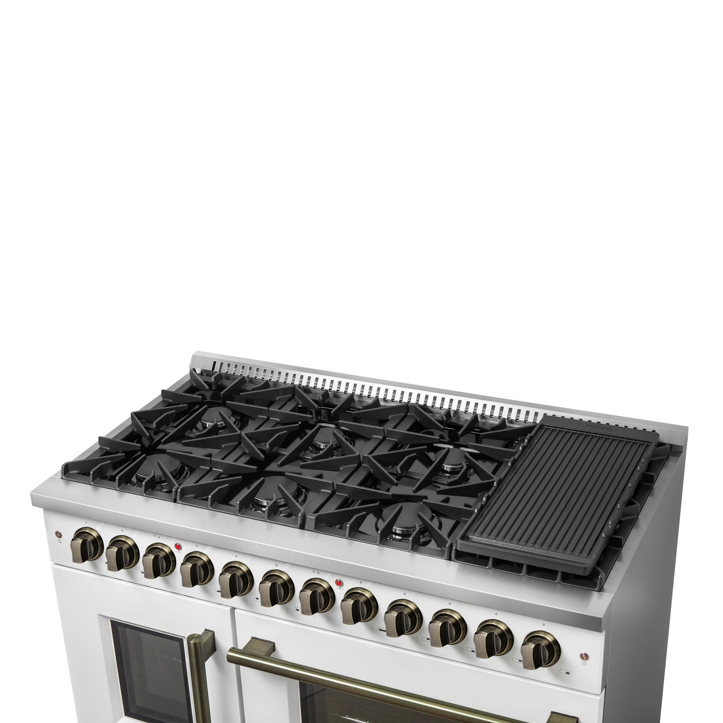 Forno FFSGS635648WHT Forno Galiano 48-Inch French Door Dual Fuel Range, White & Antique Brass Design, 8 Sealed Burners - 107,000 Btu, Griddle, 6.58 Cu.Ft. Double Ovens