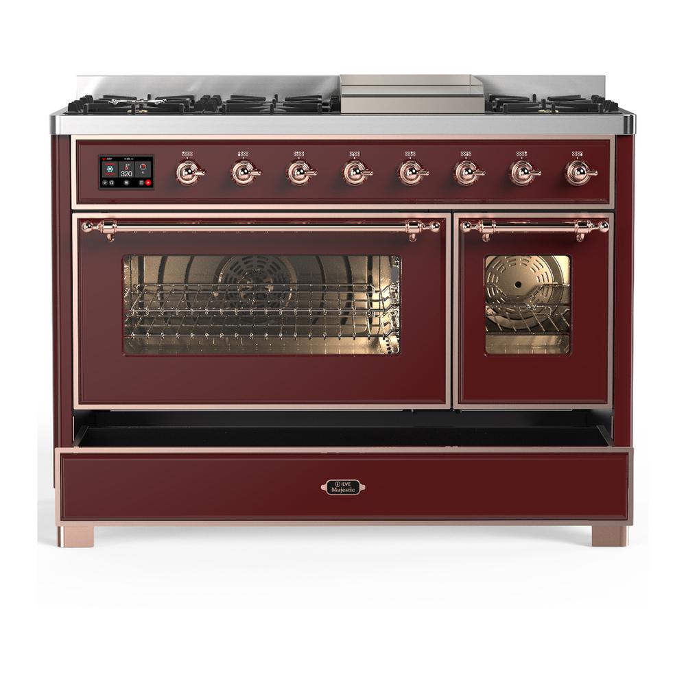 Ilve UM48FNR3BUPLP Ilve Um48Fnr3Buplp Majestic Iii 48 Inch Dual Fuel Range With 8 Burners And Griddle, Dual Function Burner Up To 25,000 Btu (Liquid Propane, Triple Glass Door, Burgundy, Copper)