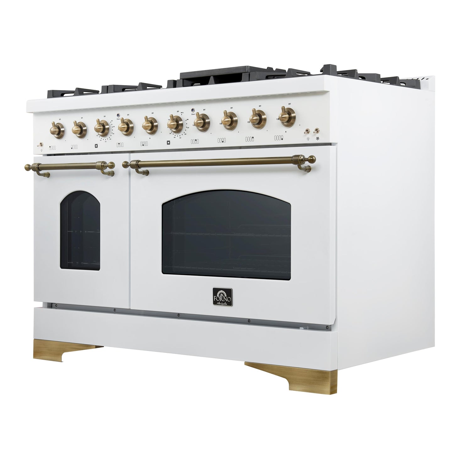 Forno FFSGS621948WHT Forno Antico 48-Inch Freestanding Gas Range, White, Antique Brass Design, 8 Burners, Griddle, Double Ovens, Energy Efficient