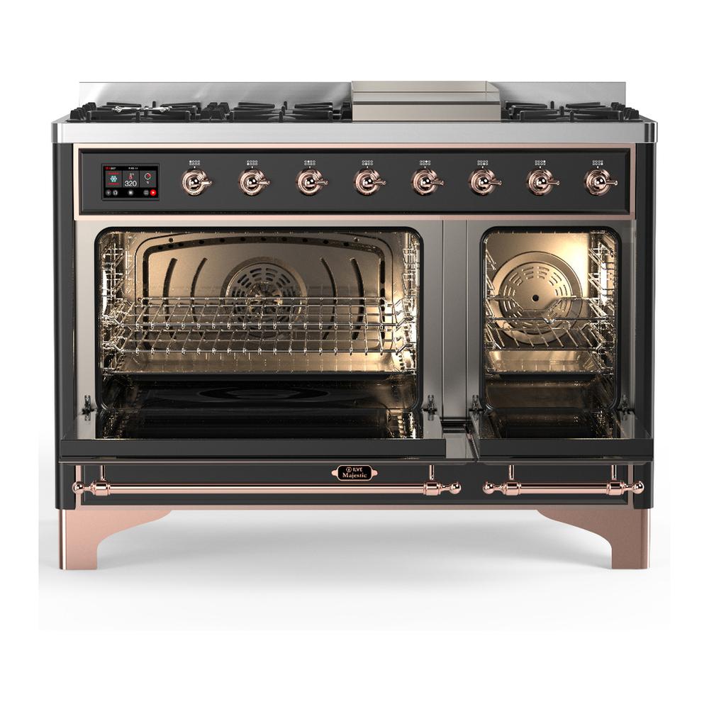 Ilve UM48FQNR3MGPLP Ilve Um48Fqnr3Mgplp Majestic Iii 48 Inch Dual Fuel Range With 8 Burners And Griddle, Dual Function Burner Up To 25,000 Btu (Liquid Propane, Solid Door, Graphite Matte, Copper)