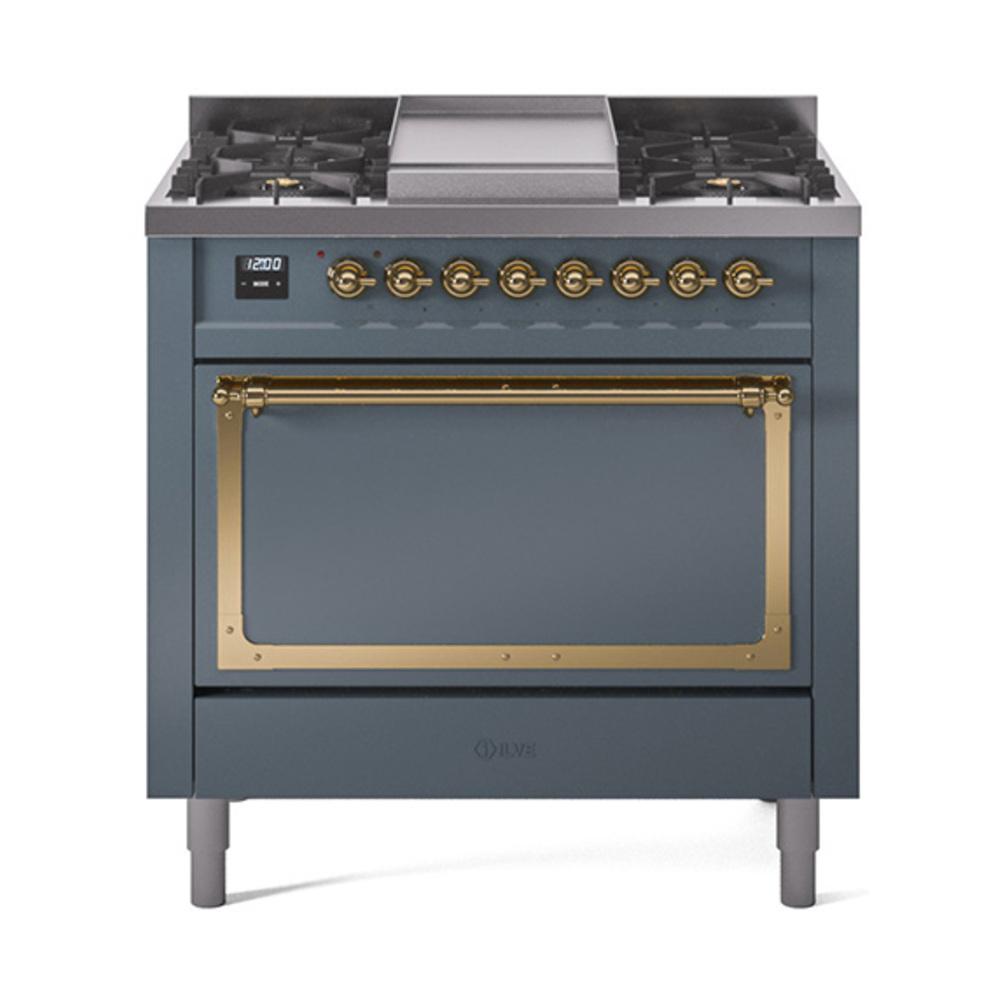 Ilve UN36FQNMPBGG Ilve Un36Fqnmpbgg Nostalgie Ii Noblesse 36" Dual Fuel Range (Natural Gas, Solid Door, Blue Grey, Brass)