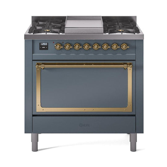 Ilve UN36FQNMPBGG Ilve Un36Fqnmpbgg Nostalgie Ii Noblesse 36" Dual Fuel Range (Natural Gas, Solid Door, Blue Grey, Brass)