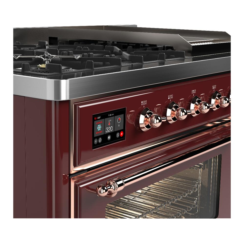 Ilve UM48FNR3BUP Ilve Um48Fnr3Bup Majestic Iii 48 Inch Dual Fuel Range With 8 Burners And Griddle, Dual Function Burner Up To 25,000 Btu (Natural Gas, Triple Glass Door, Burgundy, Copper)