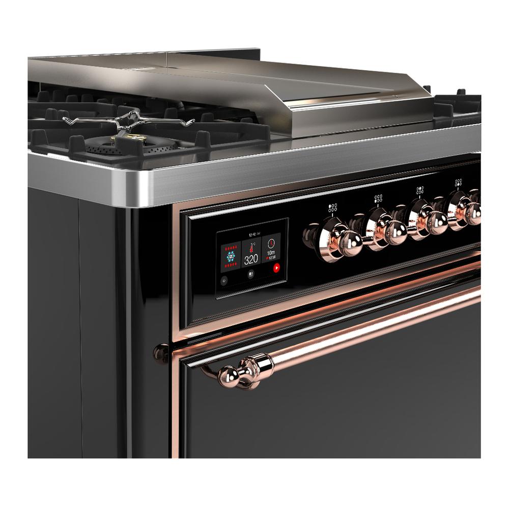 Ilve UM36FQNR3BKPLP Ilve Um36Fqnr3Bkplp Majestic Iii 36 Inch Dual Fuel Range With 6 Black Brass Burners And Griddle, Dual Function Burner Up To 25,000 Btu (Solid Door, Glossy Black, Copper, Liquid Propane)