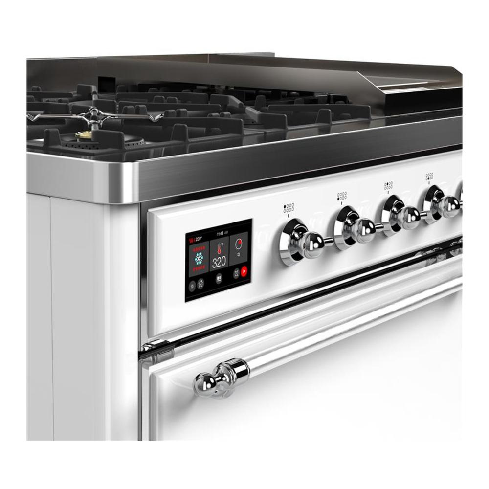 Ilve UM48FQNR3WHC Ilve Um48Fqnr3Whc Majestic Iii 48 Inch Dual Fuel Range With 8 Burners And Griddle, Dual Function Burner Up To 25,000 Btu (Natural Gas, Solid Door, White, Chrome)