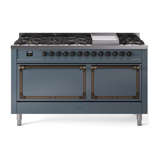 Ilve UN60FQNMPBGB Ilve Un60Fqnmpbgb Nostalgie Ii Noblesse 60" Dual Fuel Range (9 Sealed Burners + Griddle, Natural Gas, Solid Door, Blue Grey, Burnished)
