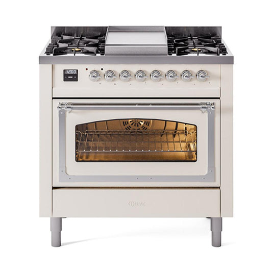 Ilve UN36FNMPAWC Ilve Un36Fnmpawc Nostalgie Ii Noblesse 36" Dual Fuel Range (Natural Gas, Triple Glass Door, Antique White, Chrome)