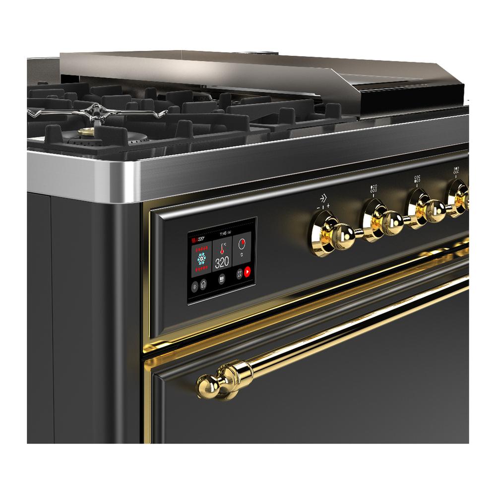 Ilve UM48FSQNR3MGG Ilve Um48Fsqnr3Mgg Majestic Iii 48 Inch Dual Fuel Range With 5 Black Brass Burners, Griddle And French Top, Dual Function Burner Up To 25,000 Btu (Natural Gas, Solid Door, Graphite Matte, Brass)