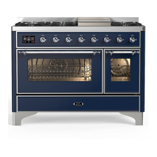Ilve UM48FNR3MBC Ilve Um48Fnr3Mbc Majestic Iii 48 Inch Dual Fuel Range With 8 Burners And Griddle, Dual Function Burner Up To 25,000 Btu (Natural Gas, Triple Glass Door, Midnight Blue, Chrome)