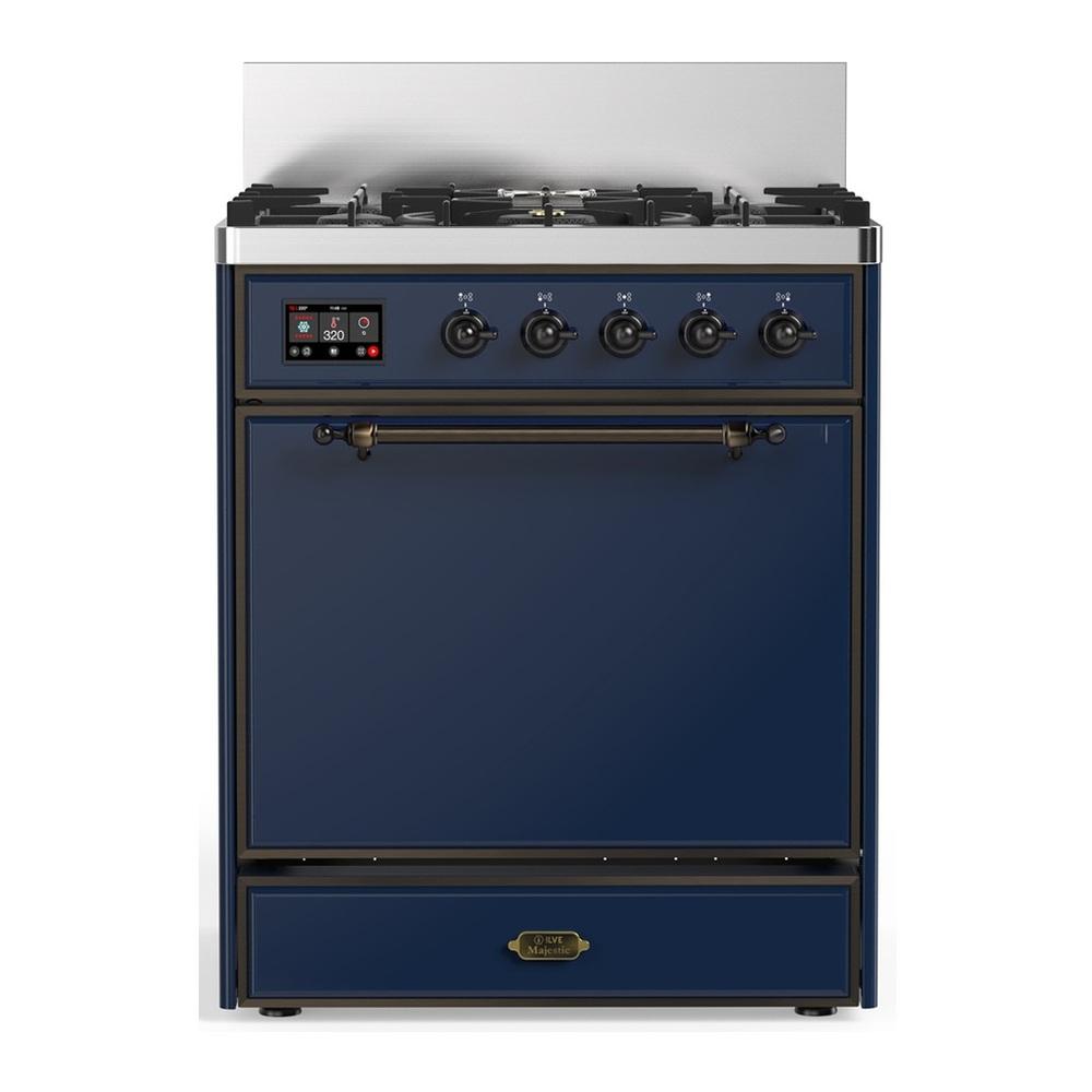 Ilve UM30QNR3MBB Ilve Um30Qnr3Mbb Majestic Iii 30 Inch Dual Fuel Range With 5 Black Brass Burners, Dual Function Burner Up To 25,000 Btu (Natural Gas, Solid Door, Midnight Blue, Burnished)