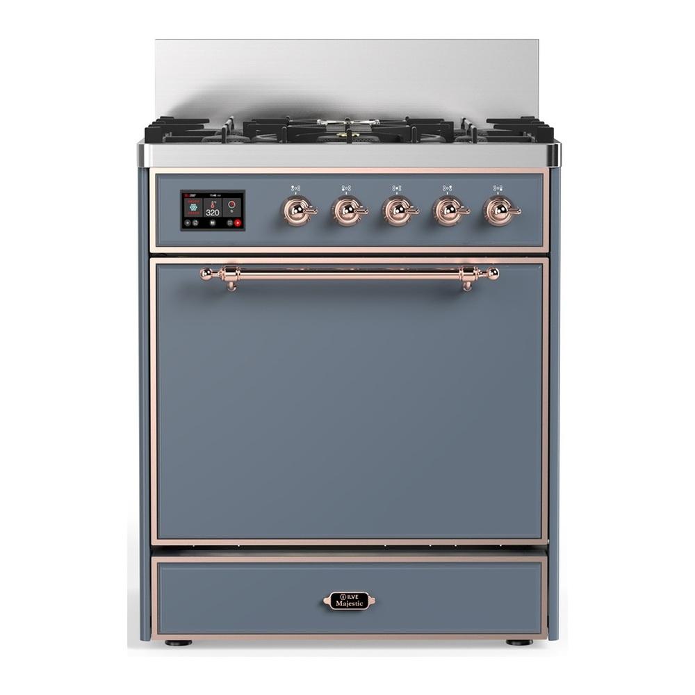 Ilve UM30QNR3BGP Ilve Um30Qnr3Bgp Majestic Iii 30 Inch Dual Fuel Range With 5 Black Brass Burners, Dual Function Burner Up To 25,000 Btu (Natural Gas, Solid Door, Blue Grey, Copper)