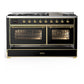 Ilve UM60FNR3BKGLP Ilve Um60Fnr3Bkglp Majestic Iii 60 Inch Dual Fuel Range With 9 Burners And Griddle, Dual Function Burner Up To 25,000 Btu (Liquid Propane, Triple Glass Door, Glossy Black, Brass)