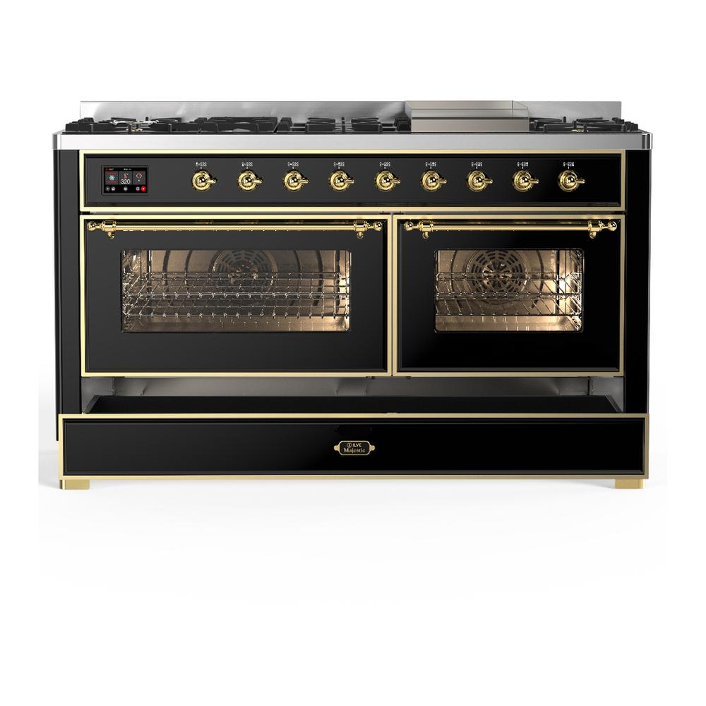 Ilve UM60FNR3BKGLP Ilve Um60Fnr3Bkglp Majestic Iii 60 Inch Dual Fuel Range With 9 Burners And Griddle, Dual Function Burner Up To 25,000 Btu (Liquid Propane, Triple Glass Door, Glossy Black, Brass)