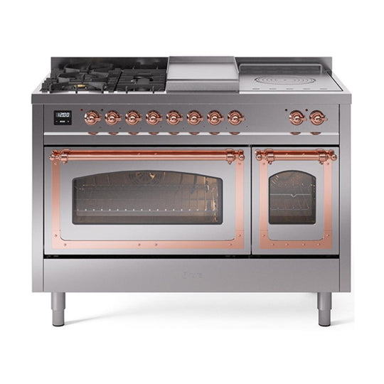 Ilve UN48FSNMPSSP Ilve Un48Fsnmpssp Nostalgie Ii Noblesse 48" Dual Fuel Range (5 Sealed Burners + Griddle + French Top, Natural Gas, Triple Glass Door, Stainless Steel, Copper)