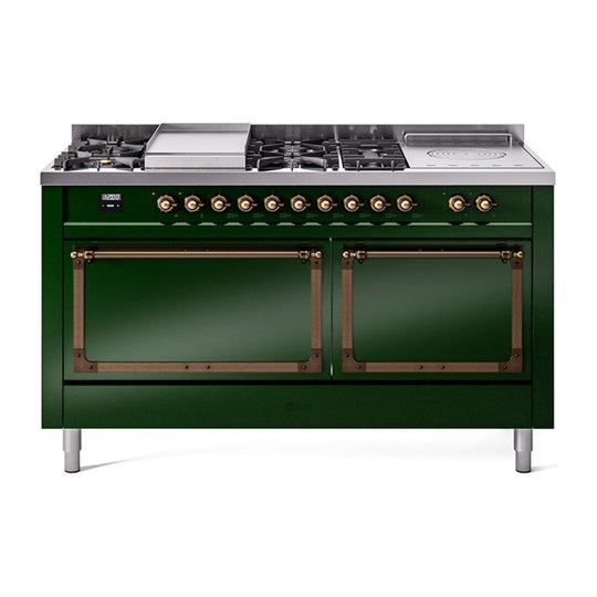 Ilve UN60FSQNMPEGBLP Ilve Un60Fsqnmpegblp Nostalgie Ii Noblesse 60" Dual Fuel Range (7 Sealed Burners + Griddle + French Top, Liquid Propane, Solid Door, Emerald Green, Burnished)