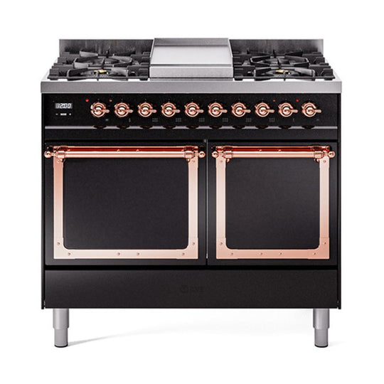 Ilve UND40FQNMPBKPLP Ilve Und40Fqnmpbkplp Nostalgie Ii Noblesse 40" Dual Fuel Range (Liquid Propane, Solid Door, Glossy Black, Copper)