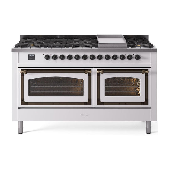 Ilve UN60FNMPWHB Ilve Un60Fnmpwhb Nostalgie Ii Noblesse 60" Dual Fuel Range (9 Sealed Burners + Griddle, Natural Gas, Triple Glass Door, White, Burnished)