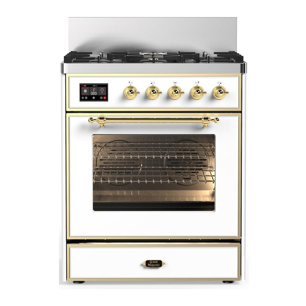 Ilve UM30NR3WHG Ilve Um30Nr3Whg Majestic Iii 30 Inch Dual Fuel Range With 5 Black Brass Burners, Dual Function Burner Up To 25,000 Btu (Natural Gas, Triple Glass Door, White, Brass)