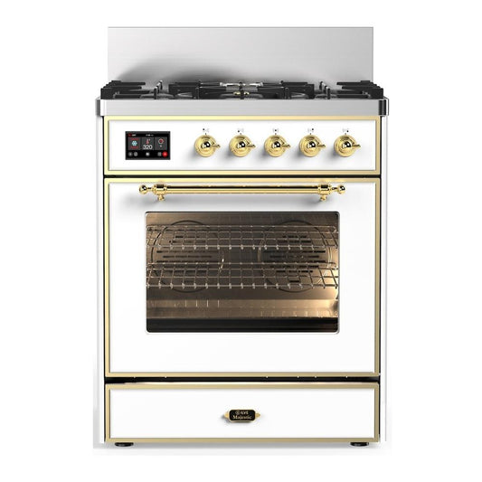 Ilve UM30NR3WHG Ilve Um30Nr3Whg Majestic Iii 30 Inch Dual Fuel Range With 5 Black Brass Burners, Dual Function Burner Up To 25,000 Btu (Natural Gas, Triple Glass Door, White, Brass)