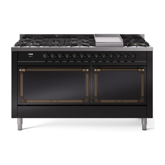Ilve UN60FQNMPBKB Ilve Un60Fqnmpbkb Nostalgie Ii Noblesse 60" Dual Fuel Range (9 Sealed Burners + Griddle, Natural Gas, Solid Door, Glossy Black, Burnished)