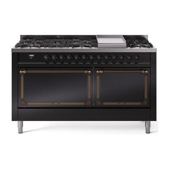Ilve UN60FQNMPBKB Ilve Un60Fqnmpbkb Nostalgie Ii Noblesse 60" Dual Fuel Range (9 Sealed Burners + Griddle, Natural Gas, Solid Door, Glossy Black, Burnished)