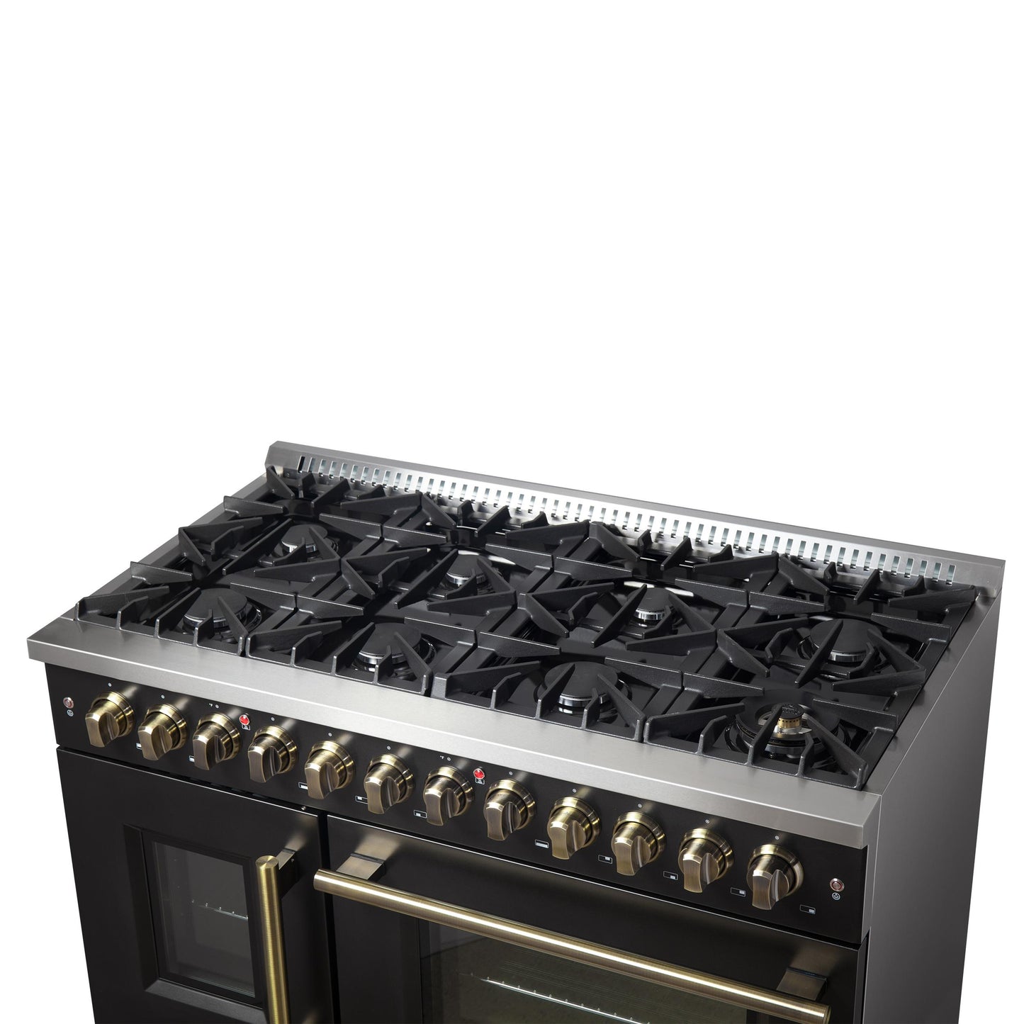 Forno FFSGS635648BLK Forno Galiano 48-Inch French Door Dual Fuel Range, Black & Antique Brass Design, 8 Sealed Burners - 107,000 Btu, Griddle, 6.58 Cu.Ft. Double Ovens