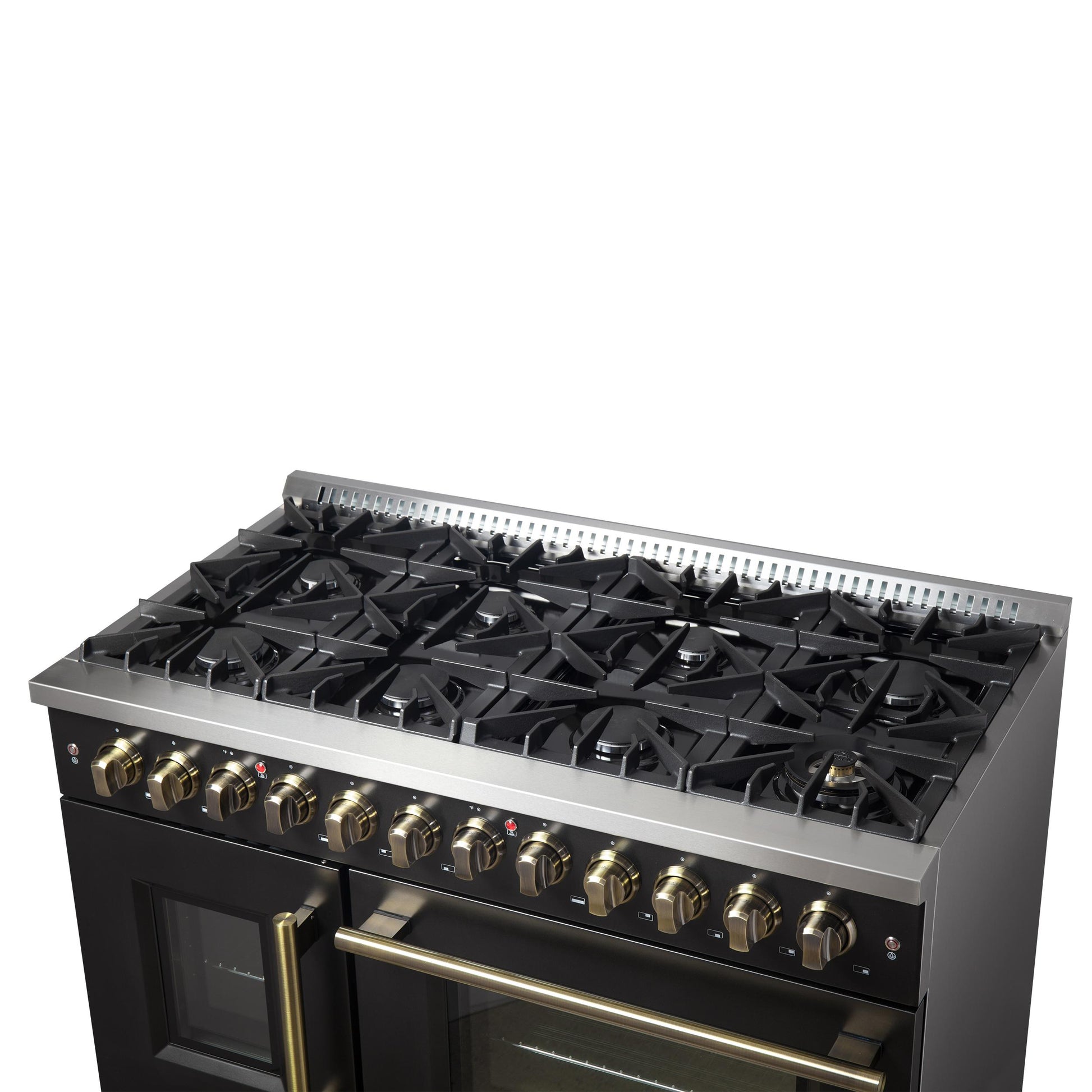 Forno FFSGS635648BLK Forno Galiano 48-Inch French Door Dual Fuel Range, Black & Antique Brass Design, 8 Sealed Burners - 107,000 Btu, Griddle, 6.58 Cu.Ft. Double Ovens