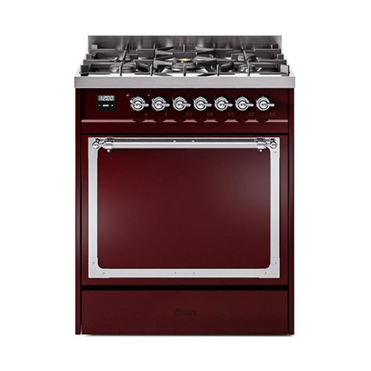 Ilve UN30QNMPBUC Ilve Un30Qnmpbuc Nostalgie Ii Noblesse 30" Dual Fuel Range (Natural Gas, Solid Door, Burgundy, Chrome)