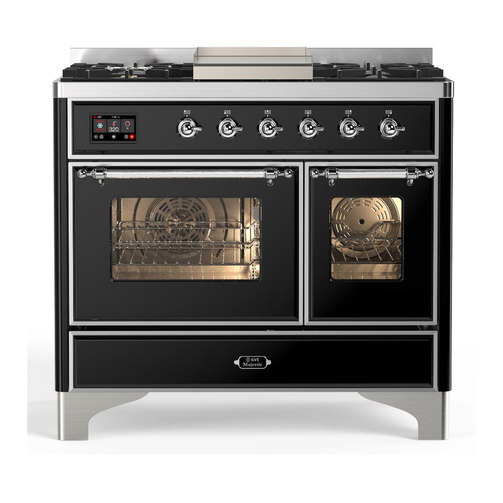 Ilve UMD40FNR3BKC Ilve Umd40Fnr3Bkc Majestic Iii 40 Inch Dual Fuel Range With 6 Burners And Griddle, Dual Function Burner Up To 25,000 Btu (Natural Gas, Triple Glass Door, Glossy Black, Chrome)