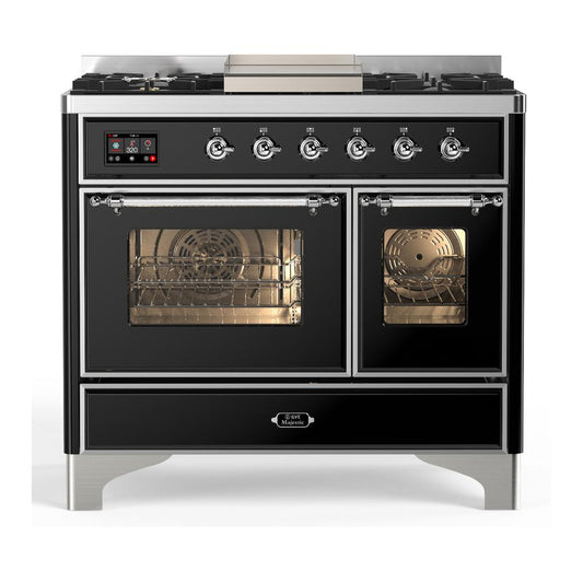Ilve UMD40FNR3BKC Ilve Umd40Fnr3Bkc Majestic Iii 40 Inch Dual Fuel Range With 6 Burners And Griddle, Dual Function Burner Up To 25,000 Btu (Natural Gas, Triple Glass Door, Glossy Black, Chrome)