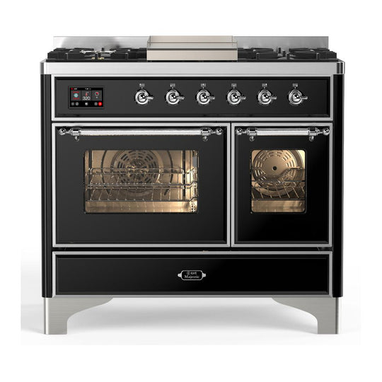 Ilve UMD40FNR3BKC Ilve Umd40Fnr3Bkc Majestic Iii 40 Inch Dual Fuel Range With 6 Burners And Griddle, Dual Function Burner Up To 25,000 Btu (Natural Gas, Triple Glass Door, Glossy Black, Chrome)