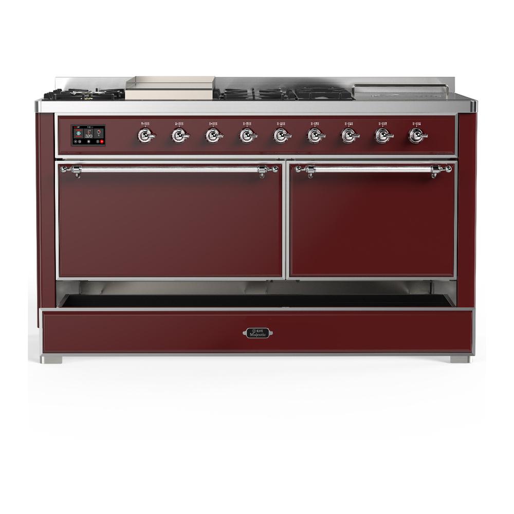 Ilve UM60FSQNR3BUC Ilve Um60Fsqnr3Buc Majestic Iii 60 Inch Dual Fuel Range With 7 Burners, Griddle And French Top, Dual Function Burner With Up To 25,000 Btu (Natural Gas, Solid Door, Burgundy, Chrome)