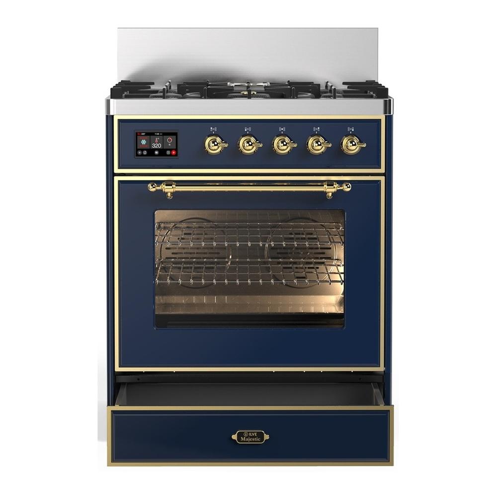 Ilve UM30NR3MBG Ilve Um30Nr3Mbg Majestic Iii 30 Inch Dual Fuel Range With 5 Black Brass Burners, Dual Function Burner Up To 25,000 Btu (Natural Gas, Triple Glass Door, Midnight Blue, Brass)