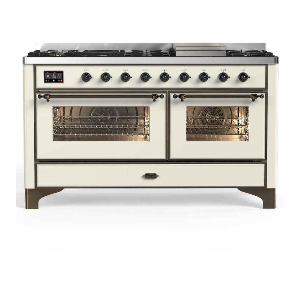 Ilve UM60FNR3AWB Ilve Um60Fnr3Awb Majestic Iii 60 Inch Dual Fuel Range With 9 Burners And Griddle, Dual Function Burner Up To 25,000 Btu (Natural Gas, Triple Glass Door, Antique White, Burnished)