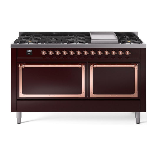 Ilve UN60FQNMPBUP Ilve Un60Fqnmpbup Nostalgie Ii Noblesse 60" Dual Fuel Range (9 Sealed Burners + Griddle, Natural Gas, Solid Door, Burgundy, Copper)