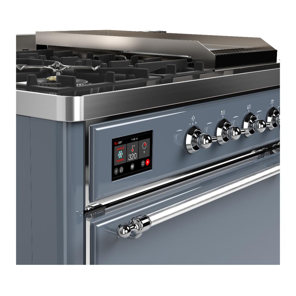Ilve UM48FSQNR3BGCLP Ilve Um48Fsqnr3Bgclp Majestic Iii 48 Inch Dual Fuel Range With 5 Black Brass Burners, Griddle And French Top, Dual Function Burner Up To 25,000 Btu (Liquid Propane, Solid Door, Blue Grey, Chrome)