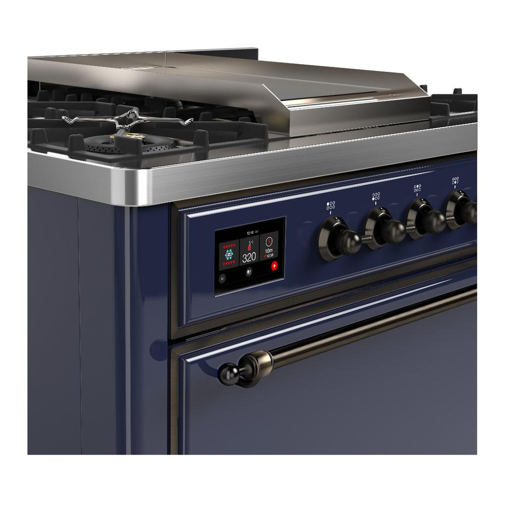 Ilve UM36FQNR3MBB Ilve Um36Fqnr3Mbb Majestic Iii 36 Inch Dual Fuel Range With 6 Black Brass Burners And Griddle, Dual Function Burner Up To 25,000 Btu (Solid Door, Midnight Blue, Burnished, Natural Gas)