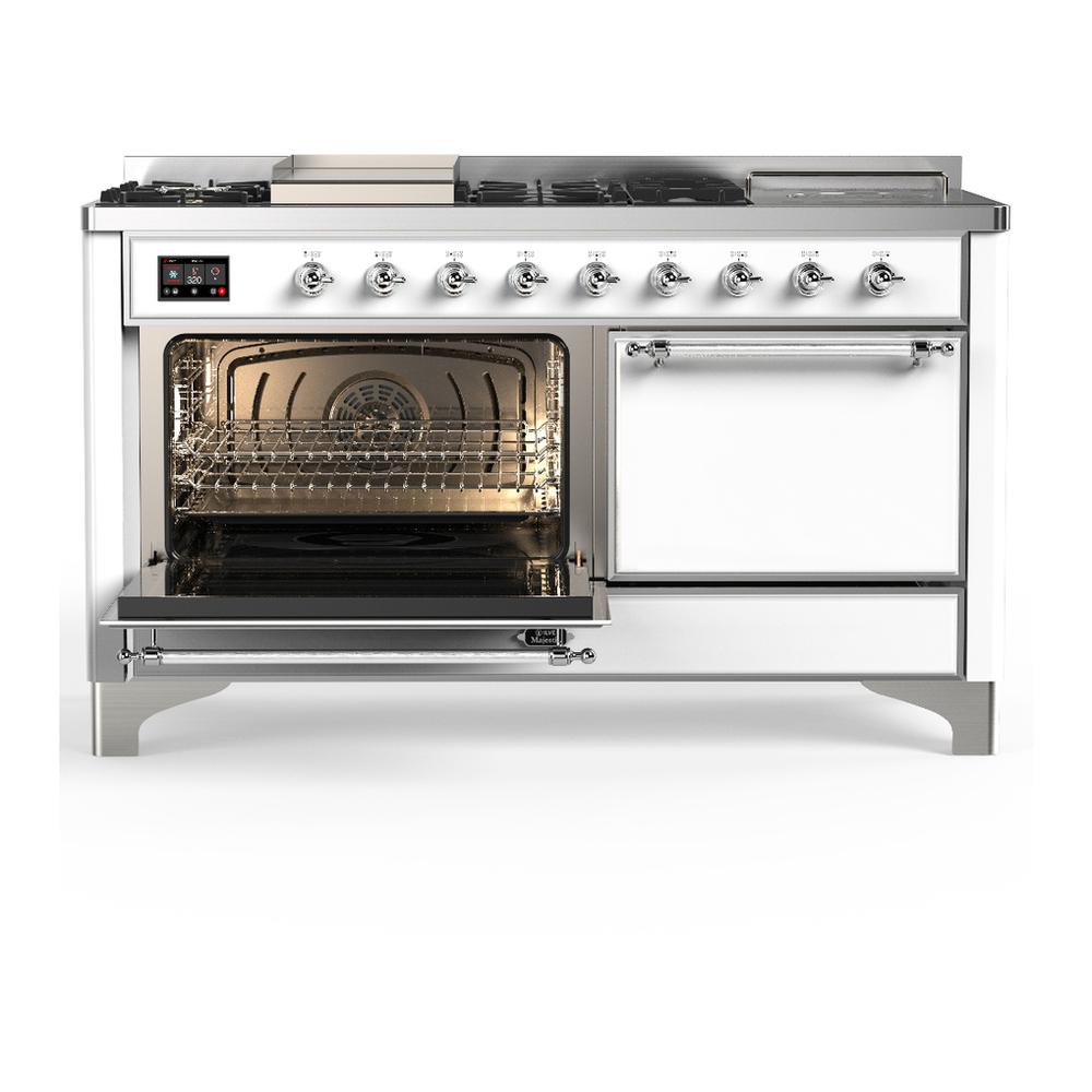 Ilve UM60FSQNR3WHCLP Ilve Um60Fsqnr3Whclp Majestic Iii 60 Inch Dual Fuel Range With 7 Burners, Griddle And French Top, Dual Function Burner With Up To 25,000 Btu (Liquid Propane, Solid Door, White, Chrome)