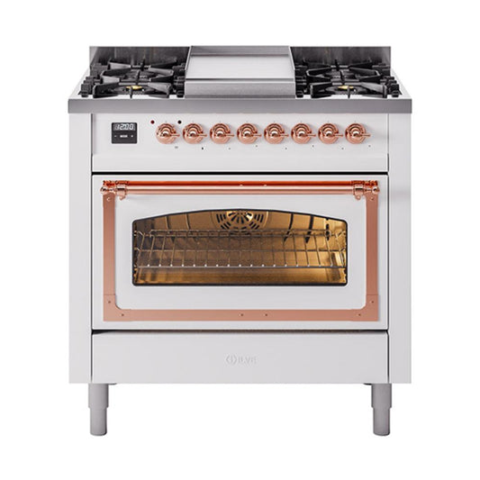Ilve UN36FNMPWHP Ilve Un36Fnmpwhp Nostalgie Ii Noblesse 36" Dual Fuel Range (Natural Gas, Triple Glass Door, White, Copper)
