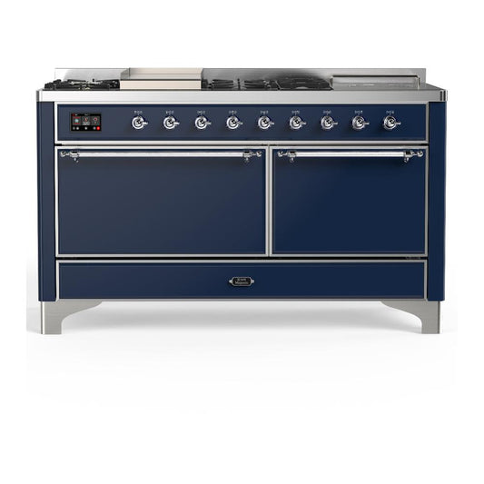Ilve UM60FSQNR3MBC Ilve Um60Fsqnr3Mbc Majestic Iii 60 Inch Dual Fuel Range With 7 Burners, Griddle And French Top, Dual Function Burner With Up To 25,000 Btu (Natural Gas, Solid Door, Midnight Blue, Chrome)