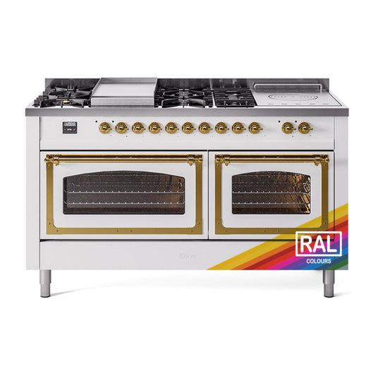 Ilve UN60FSNMPRAGLP Ilve Un60Fsnmpraglp Nostalgie Ii Noblesse 60" Dual Fuel Range (7 Sealed Burners + Griddle + French Top, Liquid Propane, Triple Glass Door, Ral, Brass)