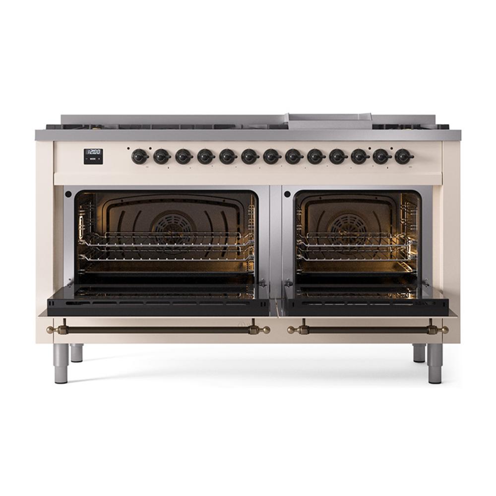 Ilve UN60FQNMPAWBLP Ilve Un60Fqnmpawblp Nostalgie Ii Noblesse 60" Dual Fuel Range (9 Sealed Burners + Griddle, Liquid Propane, Solid Door, Antique White, Burnished)