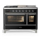 Ilve UM48FSNR3BKCLP Ilve Um48Fsnr3Bkclp Majestic Iii 48 Inch Dual Fuel Range With 5 Black Brass Burners, Griddle And French Top, Dual Function Burner Up To 25,000 Btu (Liquid Propane, Triple Glass Door, Glossy Black, Chrome)