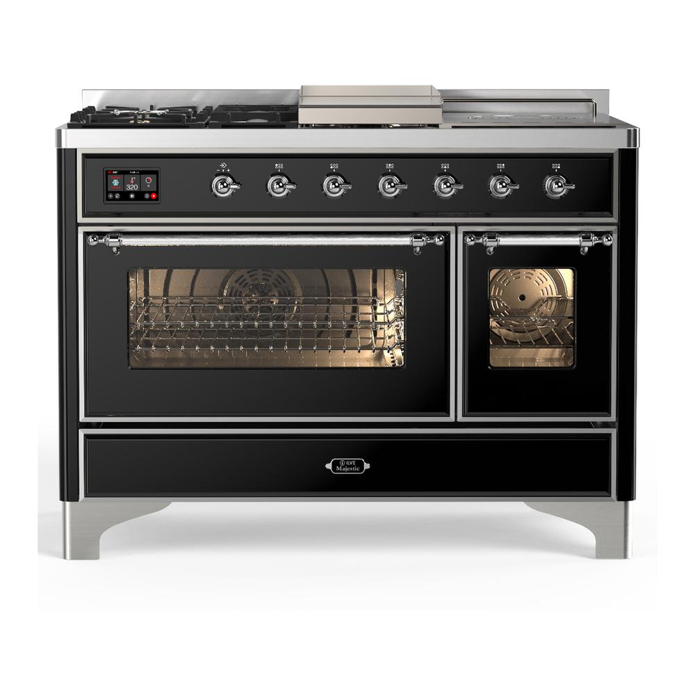 Ilve UM48FSNR3BKCLP Ilve Um48Fsnr3Bkclp Majestic Iii 48 Inch Dual Fuel Range With 5 Black Brass Burners, Griddle And French Top, Dual Function Burner Up To 25,000 Btu (Liquid Propane, Triple Glass Door, Glossy Black, Chrome)