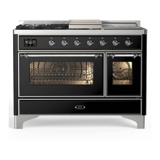 Ilve UM48FSNR3BKCLP Ilve Um48Fsnr3Bkclp Majestic Iii 48 Inch Dual Fuel Range With 5 Black Brass Burners, Griddle And French Top, Dual Function Burner Up To 25,000 Btu (Liquid Propane, Triple Glass Door, Glossy Black, Chrome)
